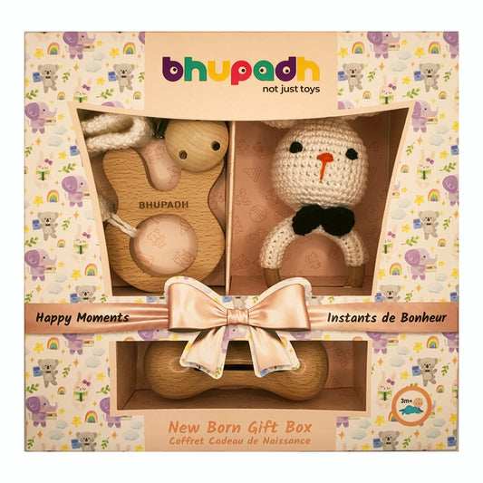 Bhupadh Newborn Gift Box | 3-in-1 Crochet Rattle & Wooden Teether Set | Rabbit Collection | (0–12 Months)