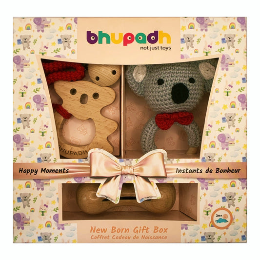 Bhupadh Newborn Gift Box | 3-in-1 Crochet Rattle & Wooden Teether Set | Koala Collection | (0–12 Months)