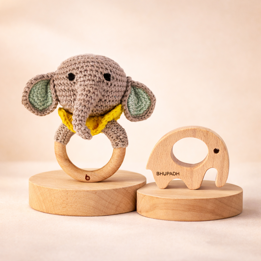 Bhupadh Elephant Crochet Rattle with Wooden Teether
