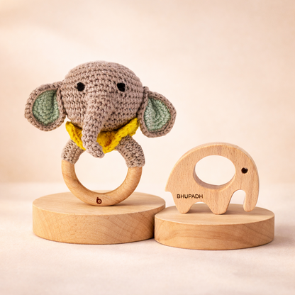 Bhupadh Elephant Crochet Rattle with Wooden Teether
