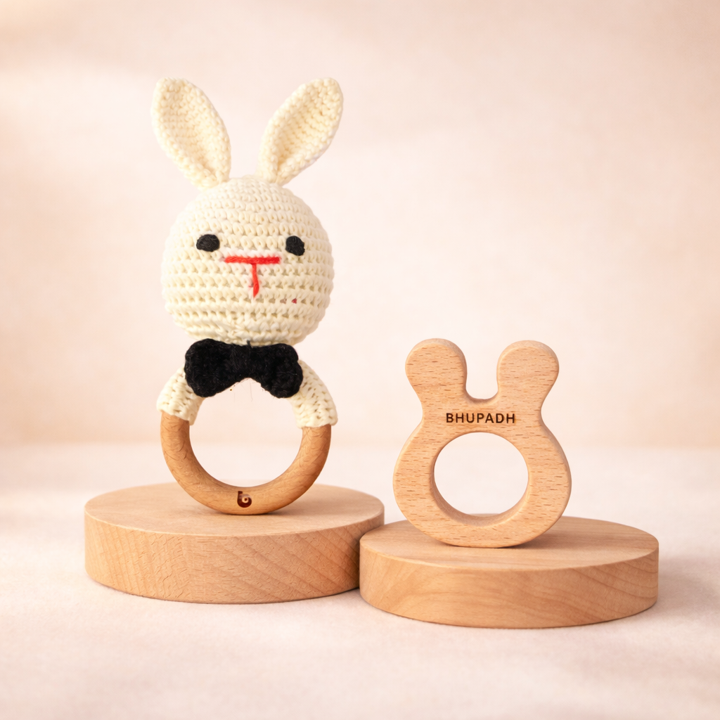 Bhupadh Rabbit Crochet Rattle with Wooden Teether