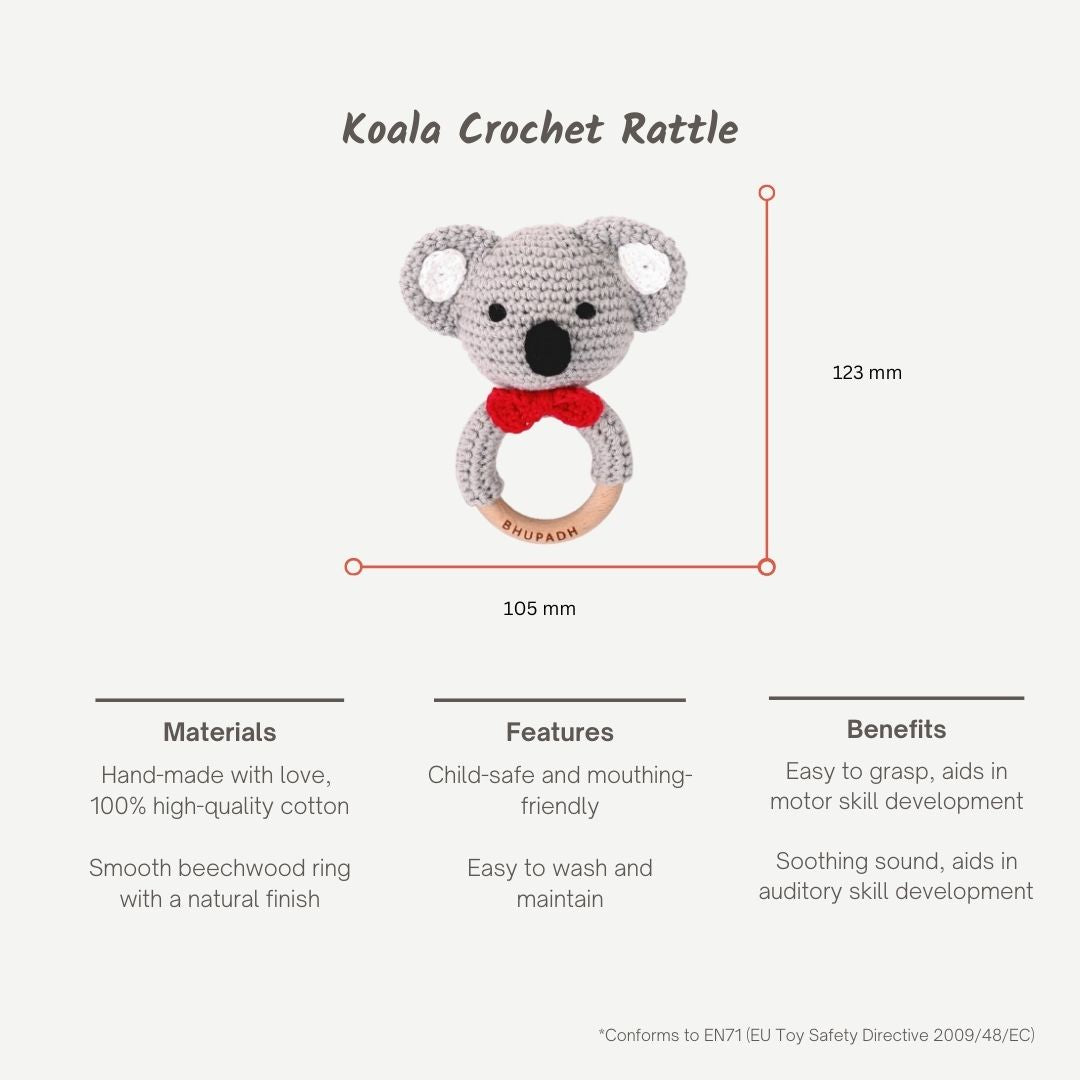 Bhupadh Koala Crochet Rattle | Handmade Sensory Toy for Newborn’s & Infants | (3+ Months)