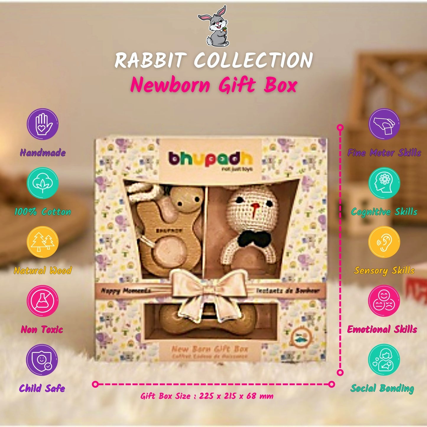 Bhupadh Newborn Gift Box | 3-in-1 Crochet Rattle & Wooden Teether Set | Rabbit Collection | (0–12 Months)