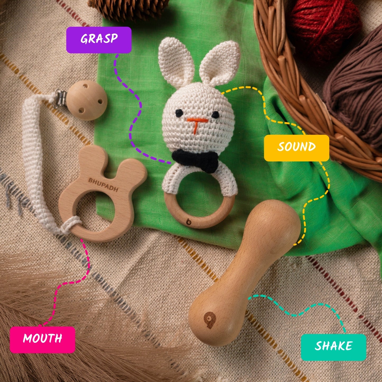 Bhupadh Newborn Gift Box | 3-in-1 Crochet Rattle & Wooden Teether Set | Rabbit Collection | (0–12 Months)