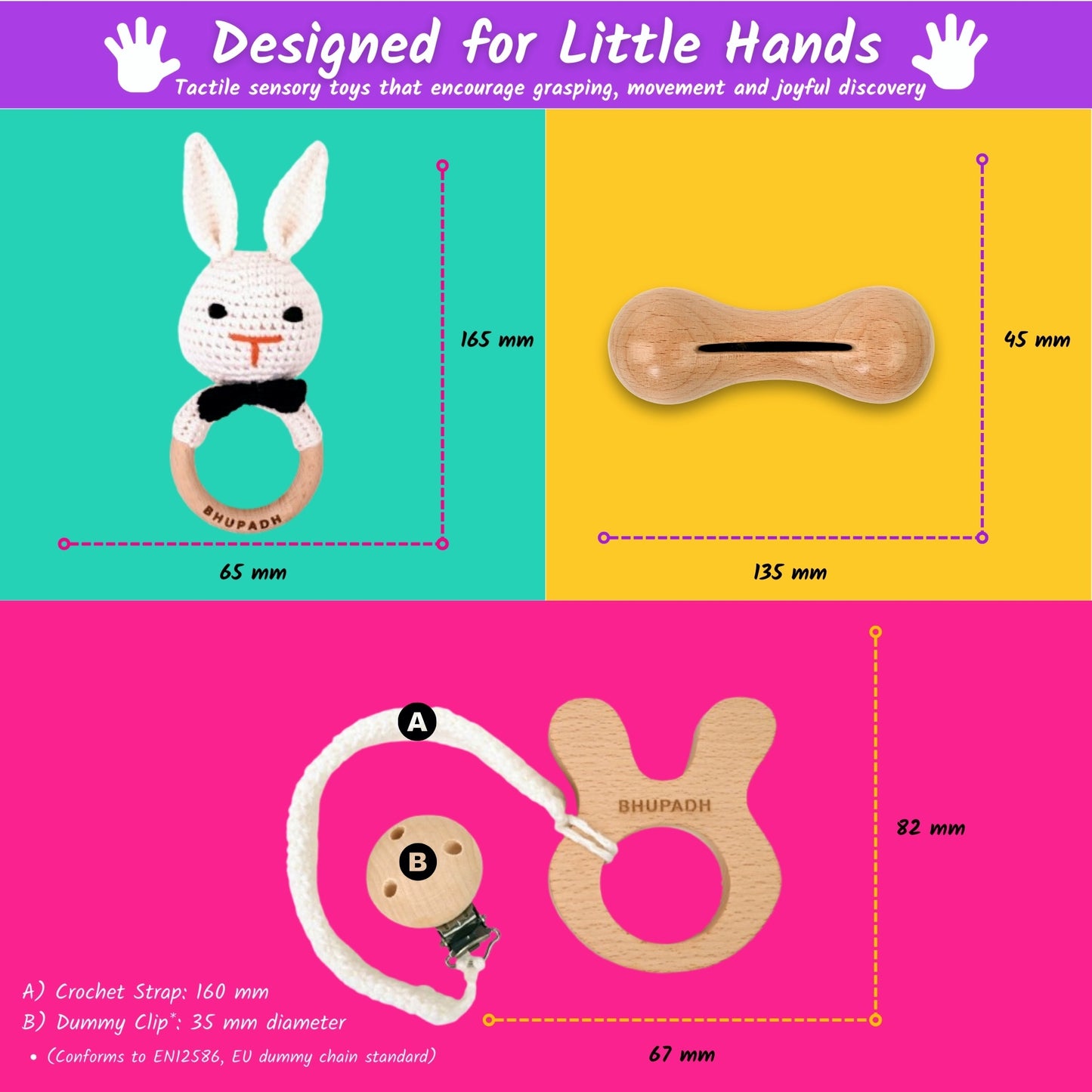 Bhupadh Newborn Gift Box | 3-in-1 Crochet Rattle & Wooden Teether Set | Rabbit Collection | (0–12 Months)
