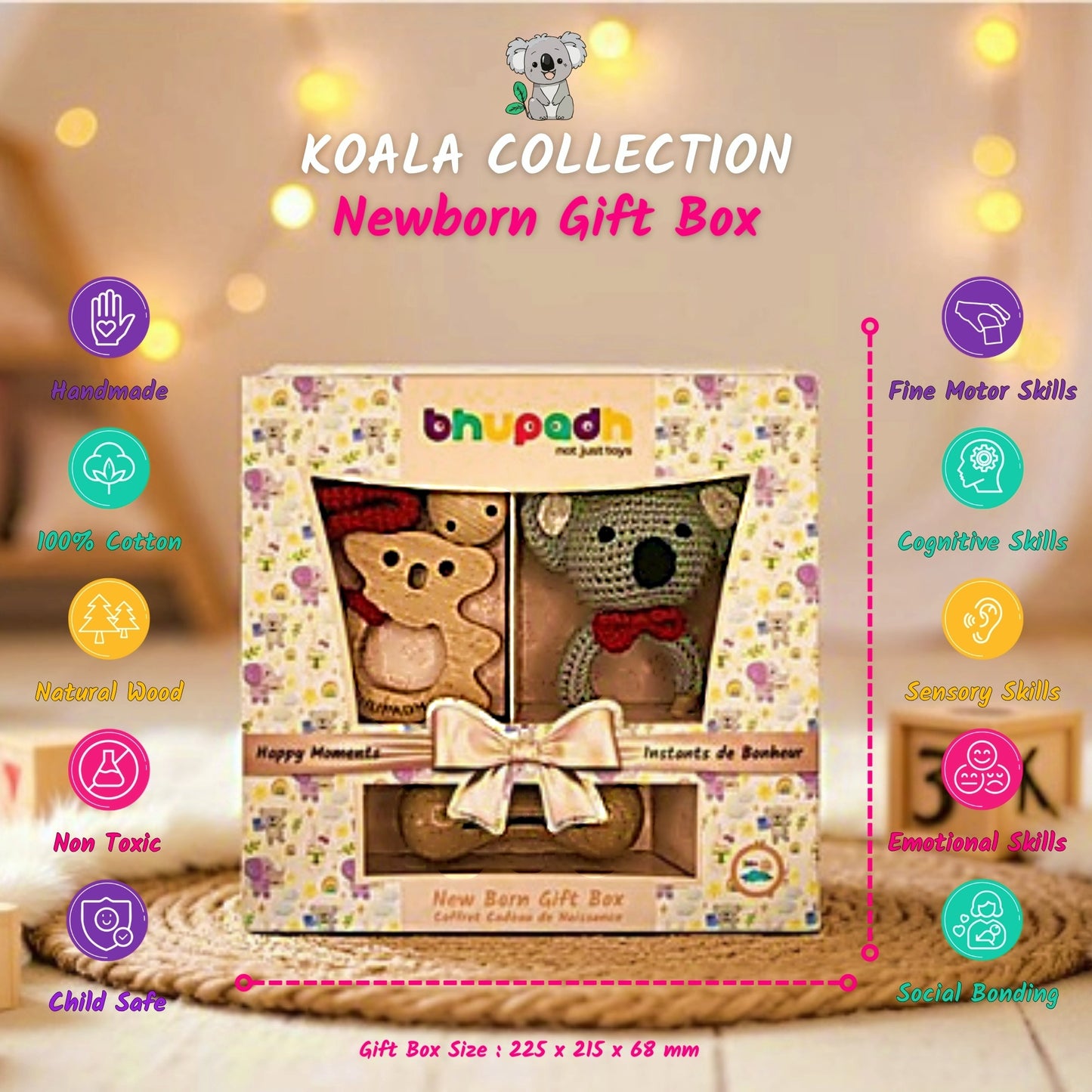 Bhupadh Newborn Gift Box | 3-in-1 Crochet Rattle & Wooden Teether Set | Koala Collection | (0–12 Months)