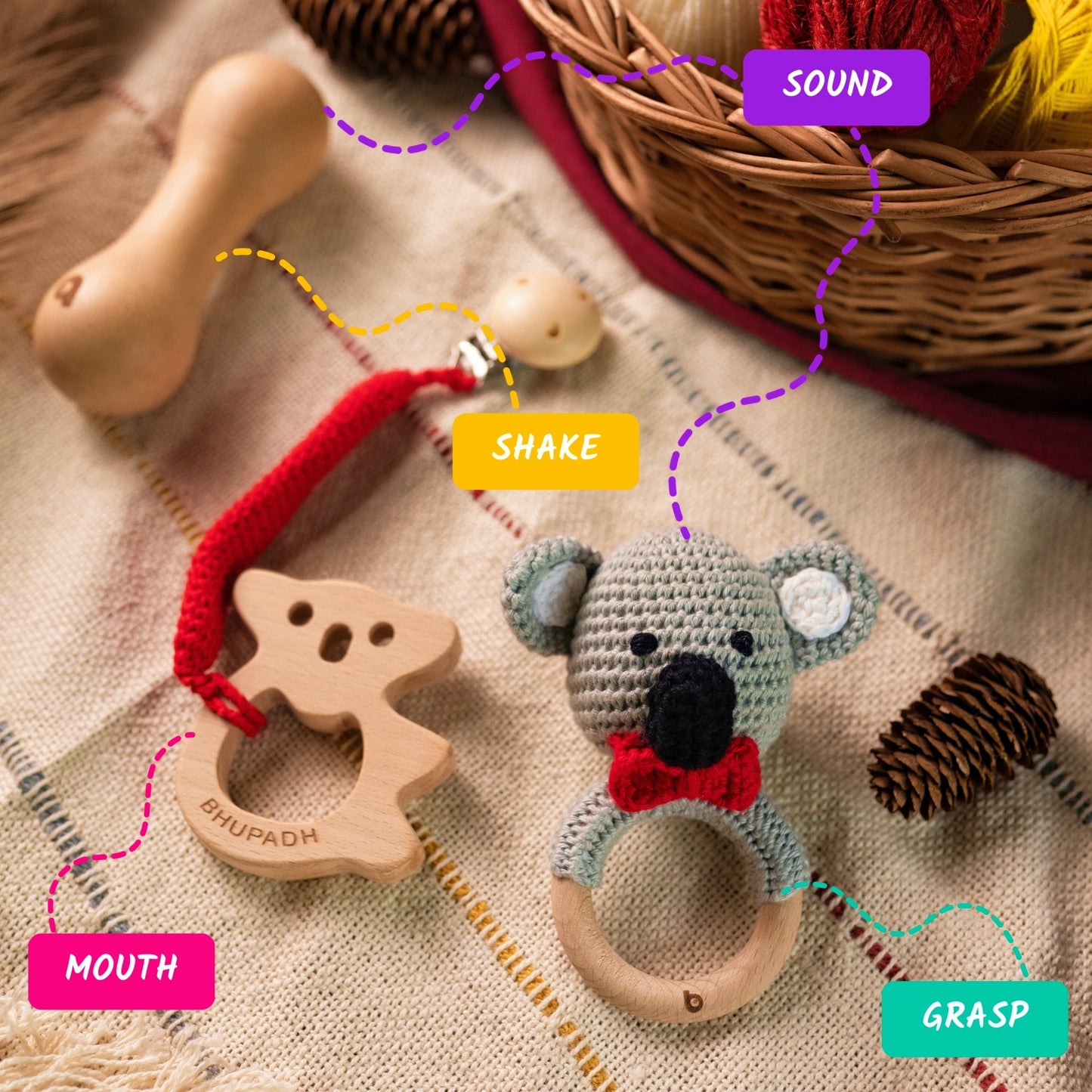 Bhupadh Newborn Gift Box | 3-in-1 Crochet Rattle & Wooden Teether Set | Koala Collection | (0–12 Months)
