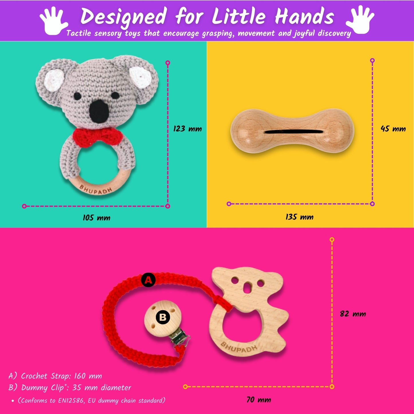 Bhupadh Newborn Gift Box | 3-in-1 Crochet Rattle & Wooden Teether Set | Koala Collection | (0–12 Months)