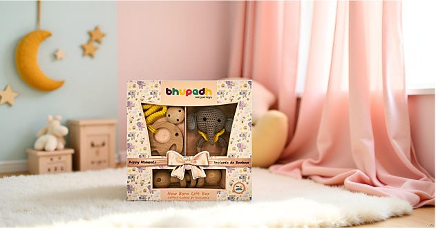 Bhupadh Newborn Gift Box | 3-in-1 Crochet Rattle & Wooden Teether Set | Elephant Collection | (0–12 Months)