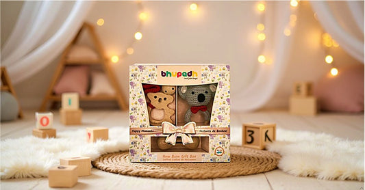 Bhupadh Newborn Gift Box | 3-in-1 Crochet Rattle & Wooden Teether Set | Koala Collection | (0–12 Months)