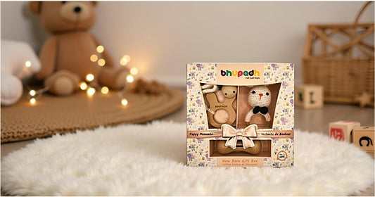 Bhupadh Newborn Gift Box | 3-in-1 Crochet Rattle & Wooden Teether Set | Rabbit Collection | (0–12 Months)