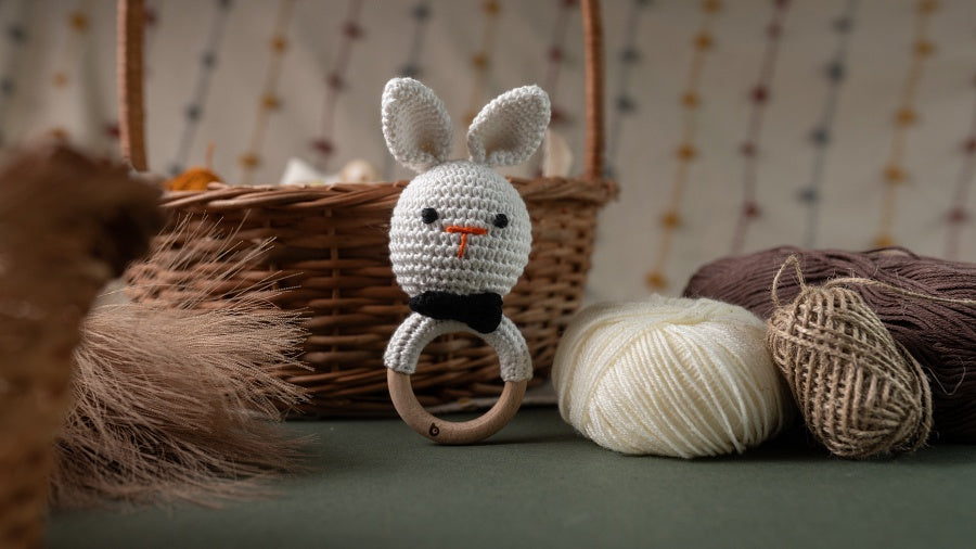 Bhupadh Rabbit Crochet Rattle | Handmade Sensory Toy for Newborn’s & Infants | (3+ Months)